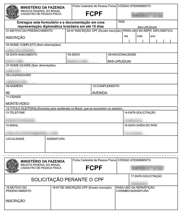 FCPF (Ficha Cadastral de Pessoa Física) example